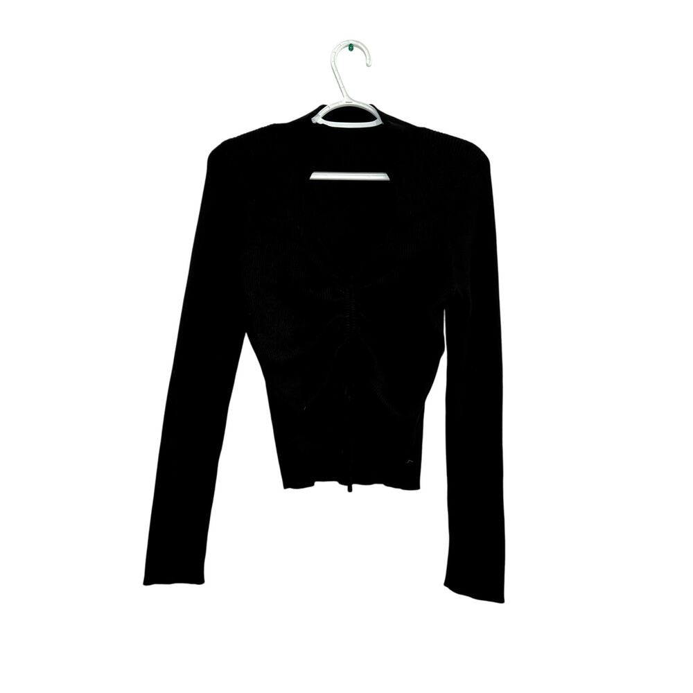 Hooked up black cut out cinched tie up sweater womens large coquette urban fairy